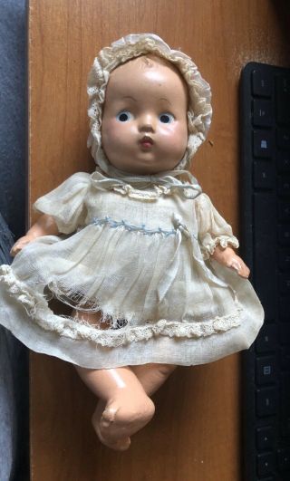 Vintage Composition Baby Doll 8 " W/ Dress,  Slip & Hat
