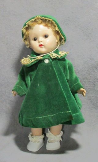 Vintage Clothes For Vogue Ginny Doll - 1956 Green Velvet Coat & Bonnet