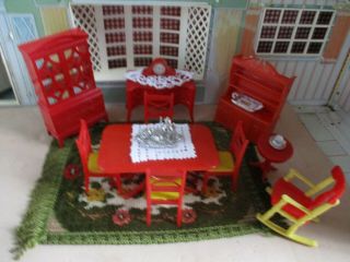 Renwal Red Dining Room Set Plastic Dollhouse Furniture Marx Plasco