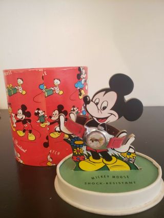 Vintage Mickey Mouse Shock Resistant Watch With Case And Stand Walt Disney Rare