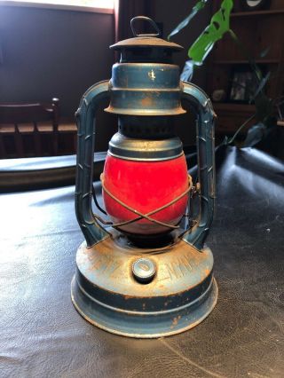 Antique Dietz No.  100 Blue Lantern W Red Painted Globe N.  Y.  Usa Stamped Pg&e Co