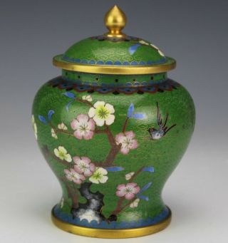 Vintage Chinese Export Cloisonne Enamel Brass Green Floral Lidded Urn Jar Nr Sjs