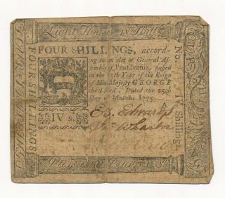 Colonial Usa 1775 - 4 Shillings Note Pennsylvania Rare Printed By Hall & Sellers