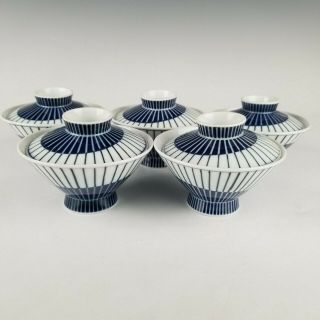 D882 Japanese Antiques Porcelain Seto Ware Rice Bowl With Lid A Set Of 5