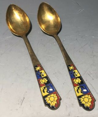 Vintage Russian 875 Silver Enamel Tea Spoons / Soviet Spoons 875 Star