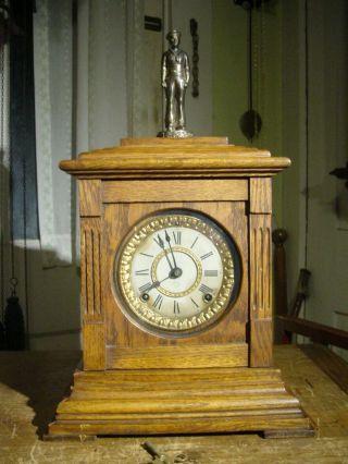 Antique Rare Ansonia 1914 Oak 8 Day Cabinet Shelf Clock With Sailor Statue