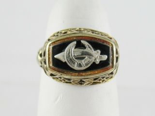 Antique 10k Yellow Gold Onyx Masonic Shriner Ring Sword & Crescent Filigree Sz 4