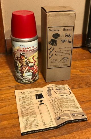 Vintage Davy Crockett Thermos W/ Rare Box & Paper Work Holtemp Western