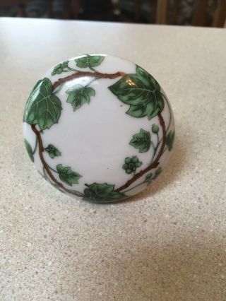 Single Antique Porcelain Round Door Knob Ivory With Green Ivy With Brown Vine