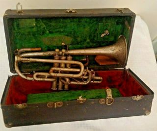 Antique 1915 J.  W.  York Sons Brass Trumpet W/ Case 43550 Silver Horn Parts Rare