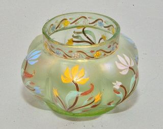 Antique Loetz Art Glass Vase - Green Melon Shape W/ Painted Floral Decoration