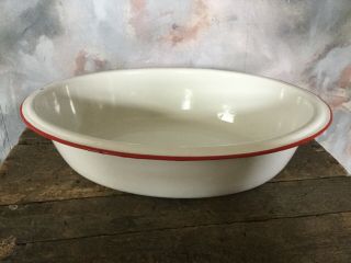 Vintage Antique Enameled Baby Bath Tub Wash Basin White W Red Trim - 18” Long