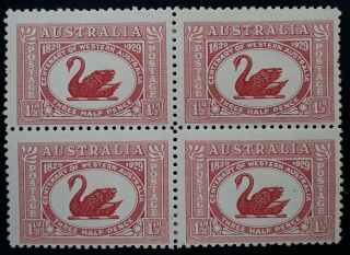 Rare 1929 Australia Blk 4x 1/2d Dull Scarlet Cent Of Wa Stamps Var Re - Entry