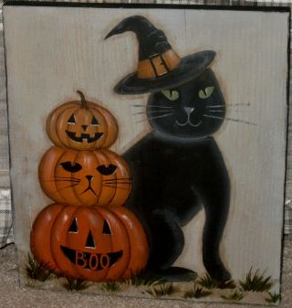 Primitive Hp Folk Art Prim Stacking Pumpkins Black Cat Board