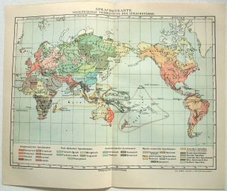 1908 Language Map Of The World By Meyers.  Antique