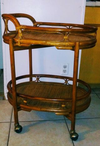 Rare Vntg Mcm Bent Bamboo Wicker Rolling Bar/tea Cart Removable Trays Beauty.