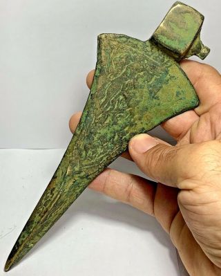 Extremely Rare Ancient Luristan Bronze War Axe With Animal Figurine 1000 Bc