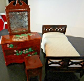 1940s Renwal Dollhouse Furniture,  Twin Bed B - 81 & Night Stand B - 84 And Dresser