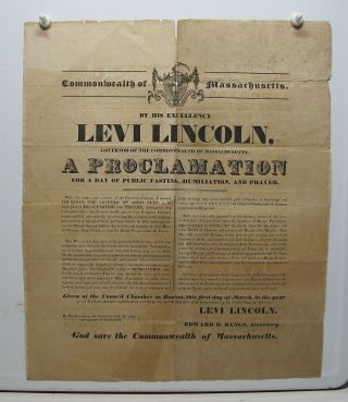 Antique 1831 Broadside Massachusetts Gov Levi Lincoln Public Fasting &prayer Yqz