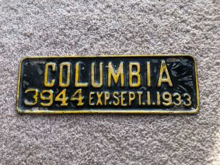 Vintage Rare 1933 City Of Columbia,  Missouri License Plate