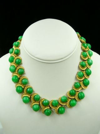 Very Rare Vintage Crown Trifari Necklace Green Cabochon Gold Tone Leaves