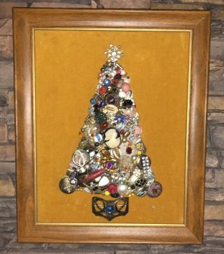 Vintage Costume Jewelry Collage Framed Picture Christmas Tree Rhinestones,  Pins