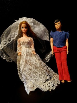 Vintage Topper Dawn & Gary Dolls.  Dawn In Wedding Dress & Veil