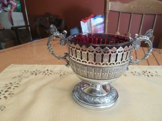 Vtg Wmf E.  P.  N.  S.  Loving Cup Art Nouveau Sugar Bowl With Cranberry Glass Liner