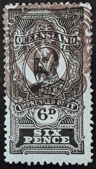 Rare 1907 - Queensland Australia 6d Black On Blue Green Impressed Duty Stamp
