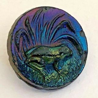 Antique Iridescent Carnival Tiffany Luster Black Glass Button Humming Froggy