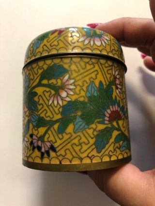 Antique Chinese Cloisonne Round Covered Box Jar With Yellow Green Flowers