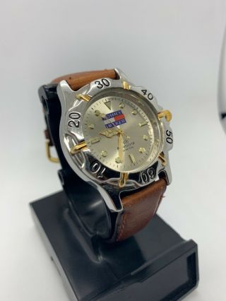 Men’s Vintage Tommy Hilfiger Silver 37mm Diver Brown Leather Spell Out Watch