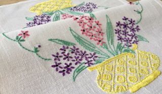 Vintage Pretty Linen Hand Embroidered Tray Cloth Pots Of Hyacinths
