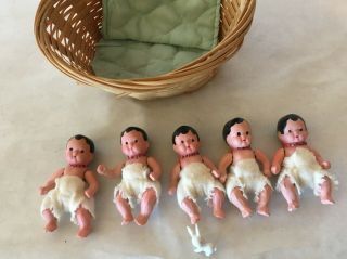 Set Of Five Vintage Japan Bisque Baby Dolls Dressed Like Dionne Quintuplets 2.  75