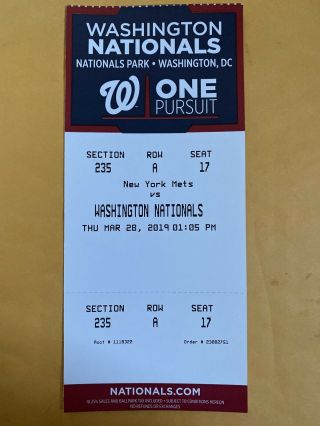 Pete Alonso Mlb Debut Ticket / First Hit @ Nationals Opening Day Rare