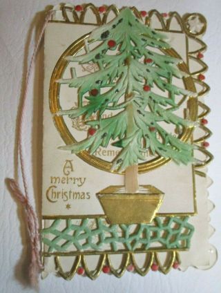 Rare Antique Fancy Fold Over A Merry Christmas Card Die Cut Tree Edge