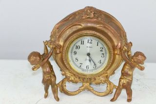 Antique Cast Metal Or Brass Sessions 8 - Day Ornate Cherubs Table Shelf Clock