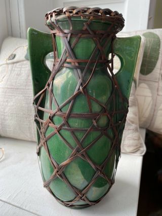 Large Antique Awaji Pottery Arts & Crafts Studio Vase Bamboo Weaving