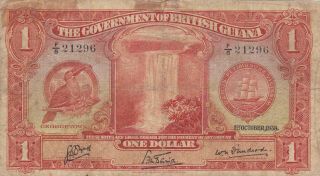1 Dollar Vg Banknote From British Guiana 1938 Pick - 12 Rare