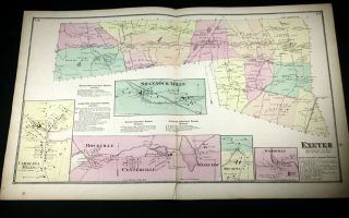 Antique 1870 D.  G.  Beers Atlas Hand Colored Map Exeter Ri Villages