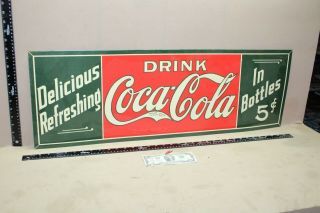 Rare Vintage Drink Coca Cola Embossed Metal Sign Bottle 5 Cent Fountain Gas Oil