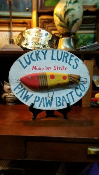 Vintage Paw Paw Bait Co.  Fishing Lures Wooden Vendor Store Display Sign Rare