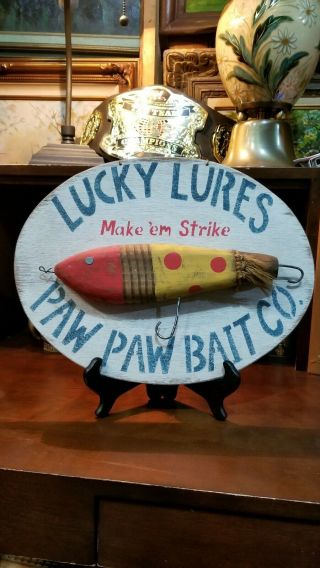 Vintage PAW PAW BAIT CO.  Fishing Lures Wooden Vendor Store Display Sign Rare 3
