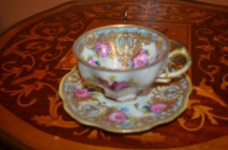 Gorgeous Rare Nippon Old Noritake Cup & Saucers Pink Roses Raised Gold Mark 52