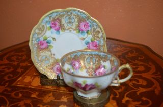 Gorgeous Rare Nippon Old Noritake Cup & Saucers Pink Roses Raised Gold Mark 52 2