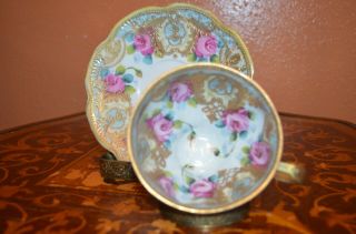 Gorgeous Rare Nippon Old Noritake Cup & Saucers Pink Roses Raised Gold Mark 52 3