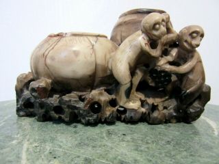 VINTAGE ANTIQUE CHINESE SOAPSTONE SCULPTURE CARVING STATUE MONKEYS AND BOWLS 2