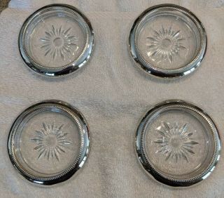 Vintage Crystal And Silver Coaster Ashtray Set Of 4 Leonard Silver Plate Italy