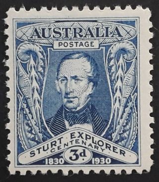 Rare 1930 Australia 3d Blue Sturt Explorer Stamp Muh Var White Flaw Left Of 3d