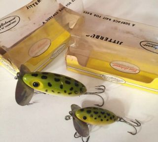 2 Vintage Fred Arbogast Frog Spot Jitterbug Box And Inserts Fishing Lures